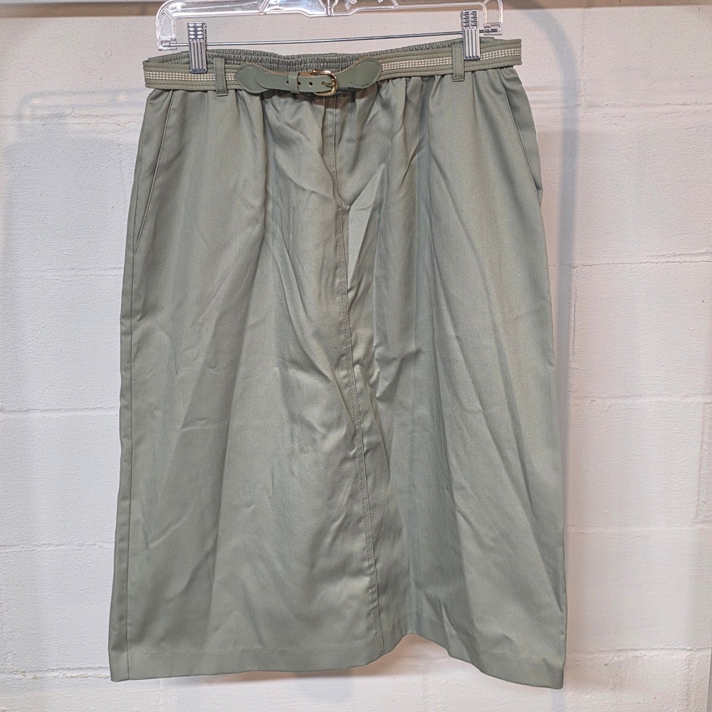 Vintage Alfred Dunner Sage Green Elastic Waist‎ Midi Skirt with Belt Size 16 USA